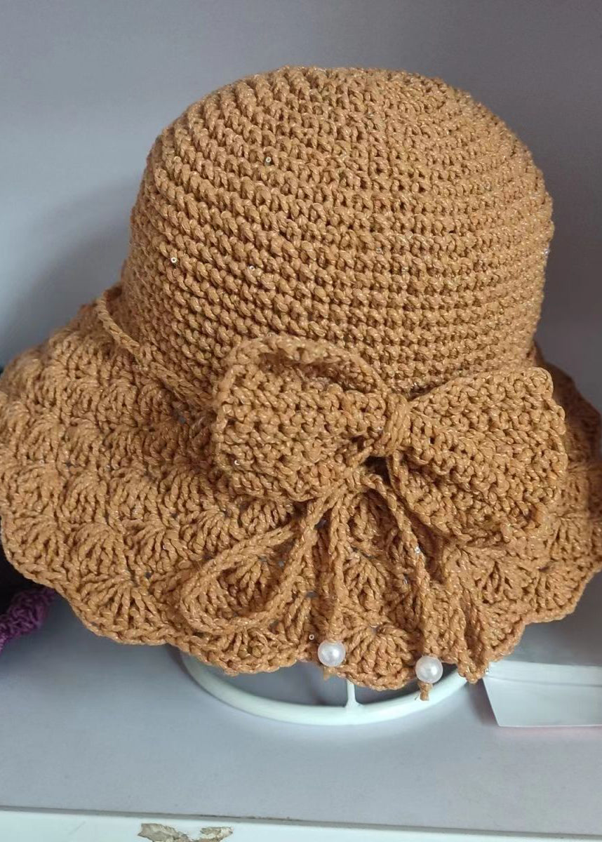 Handmade Khaki Lace Patchwork Bow Knit Blended Bonnie Hat - Omychic