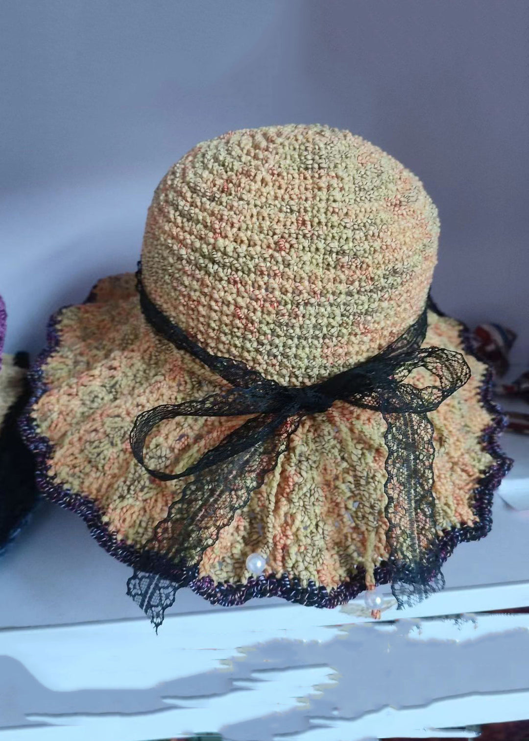 Handmade Khaki Lace Patchwork Bow Knit Blended Bonnie Hat - Omychic