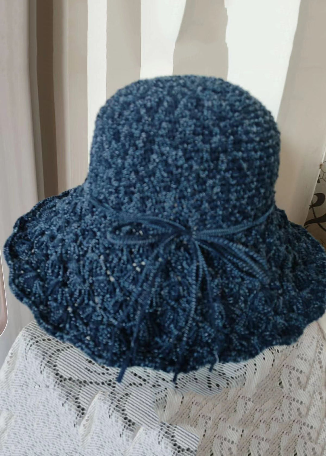 Handmade Khaki Lace Patchwork Bow Knit Blended Bonnie Hat