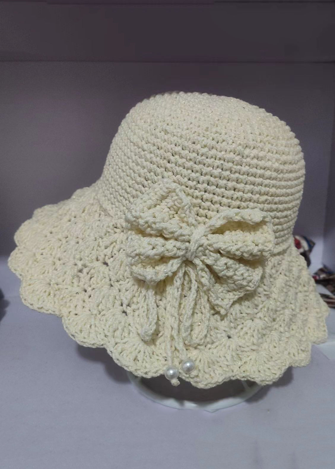 Handmade Khaki Lace Patchwork Bow Knit Blended Bonnie Hat - Omychic