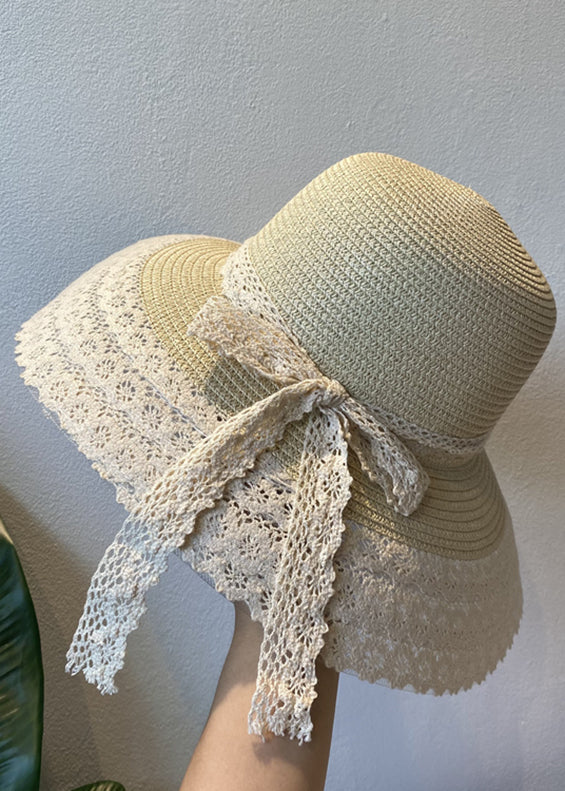 Handmade Khaki Lace Patchwork Bow Straw Woven Floppy Sun Hat
