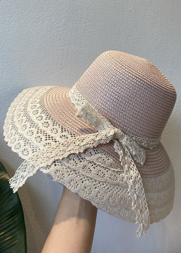 Handmade Khaki Lace Patchwork Bow Straw Woven Floppy Sun Hat