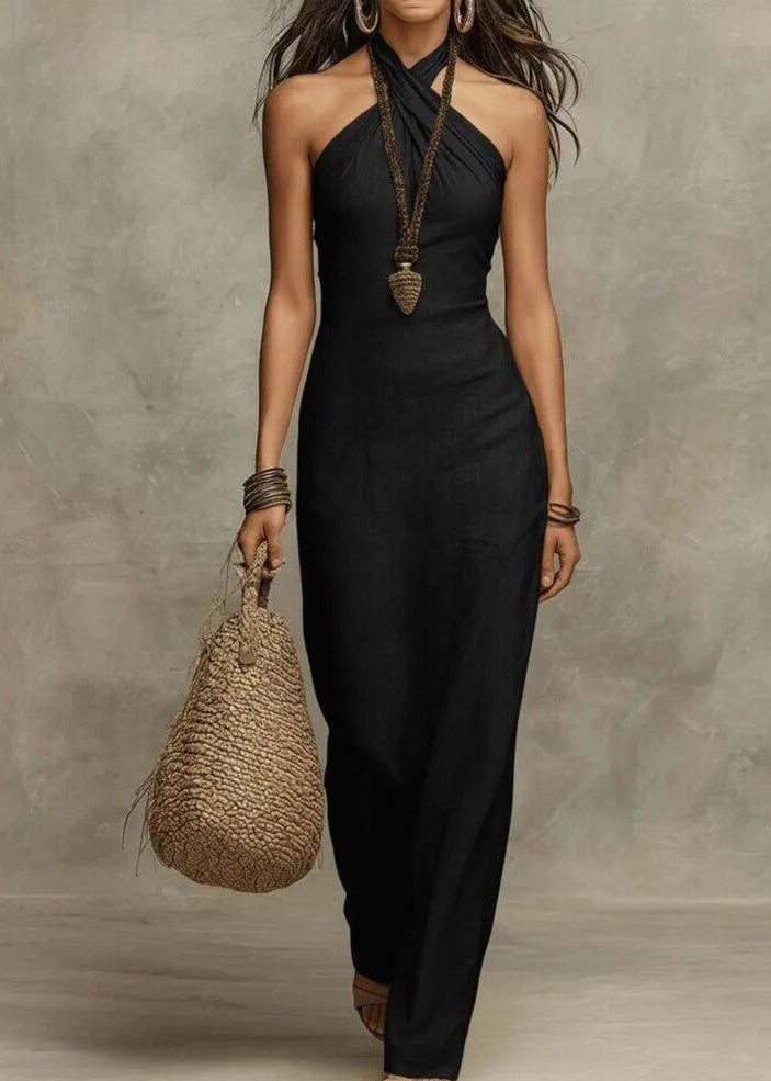 Handmade Khaki Neckline Patchwork Solid Maxi Dresses Summer