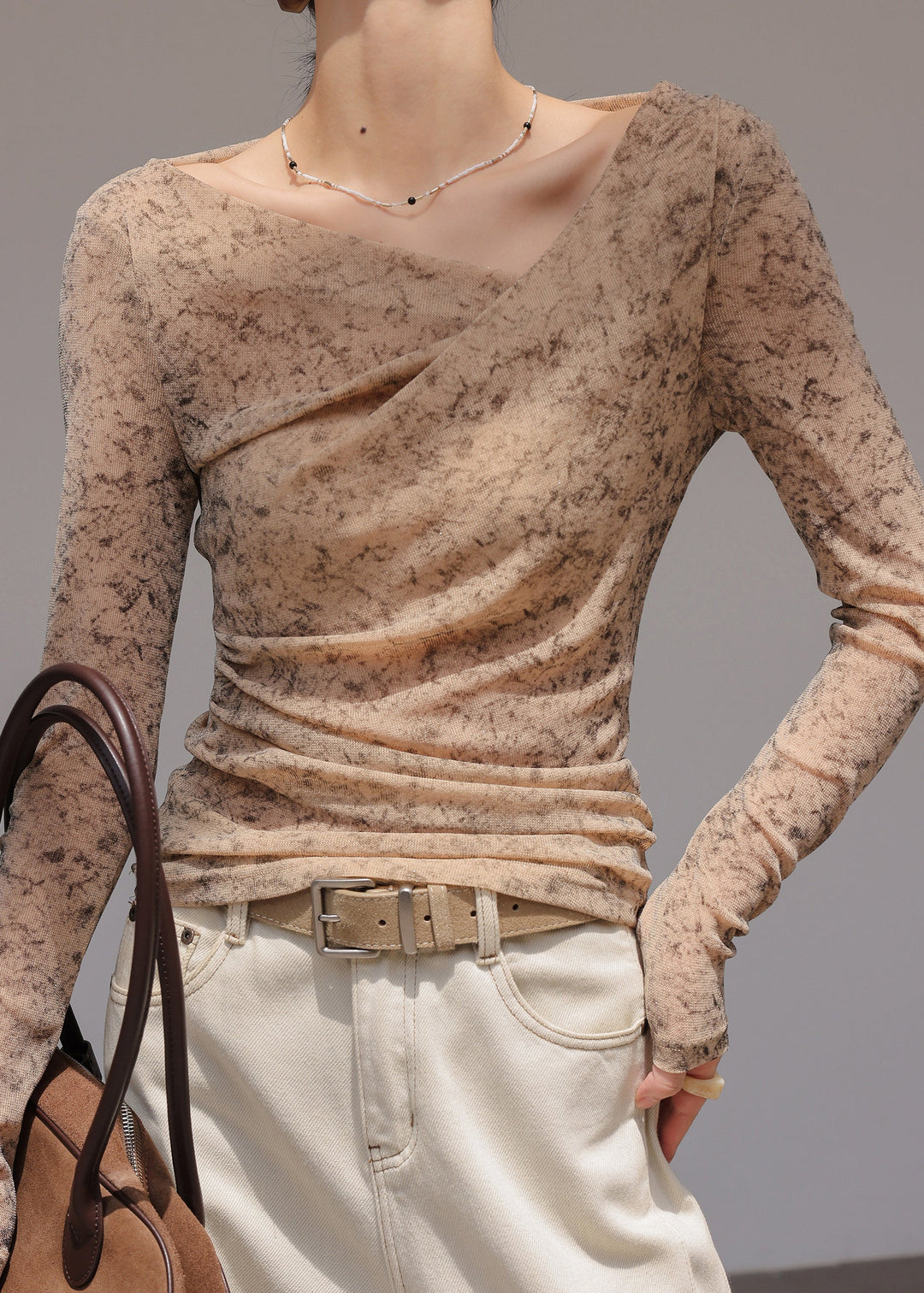 Handmade Khaki One Shoulder Print Chiffon Shirt Tops Spring