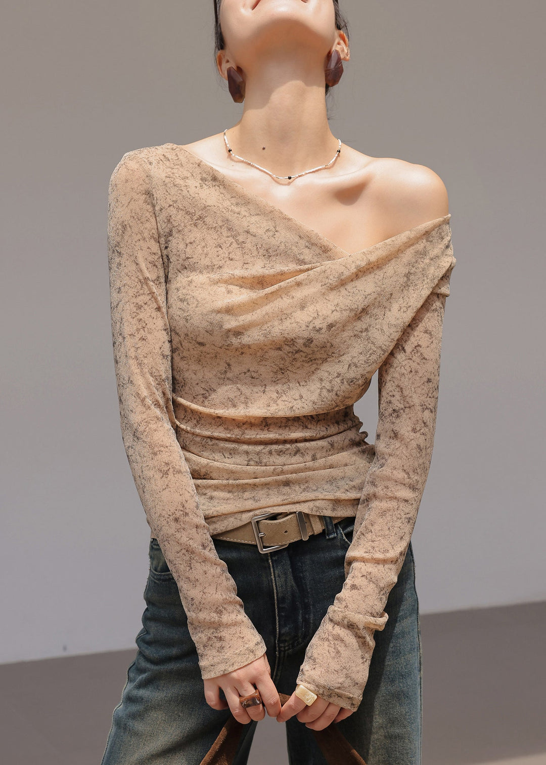 Handmade Khaki One Shoulder Print Chiffon Shirt Tops Spring