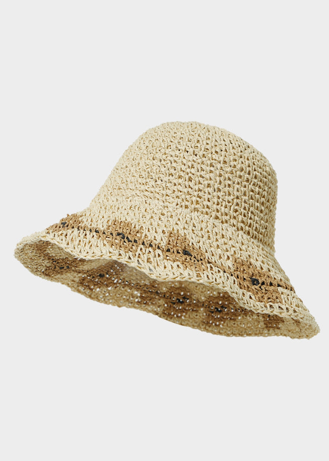 Handmade Khaki Patchwork Straw Holiday Woven Bucket Hat