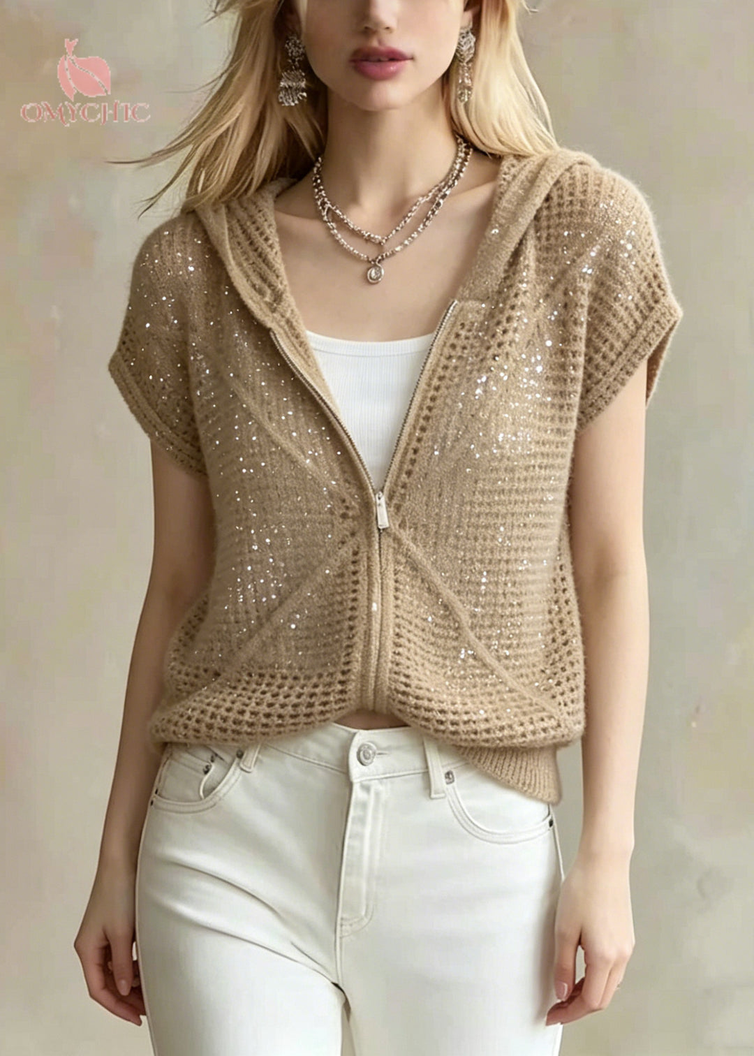Handmade Khaki Sequins Hollow Out Knit Jacket Summer