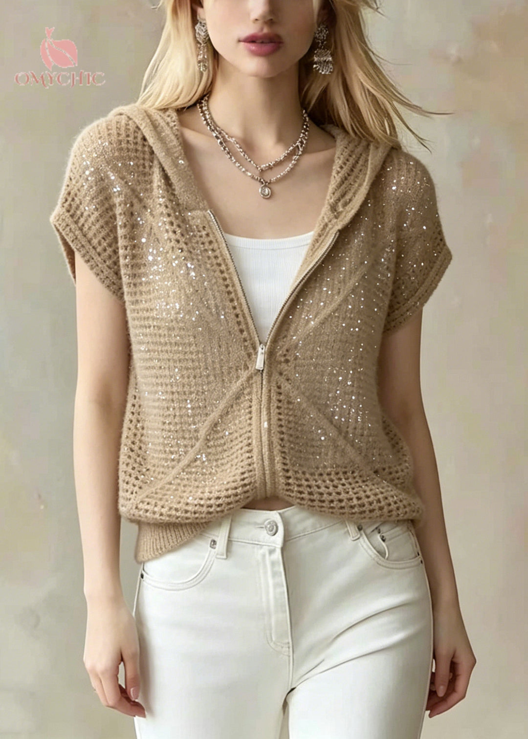Handmade Khaki Sequins Hollow Out Knit Jacket Summer