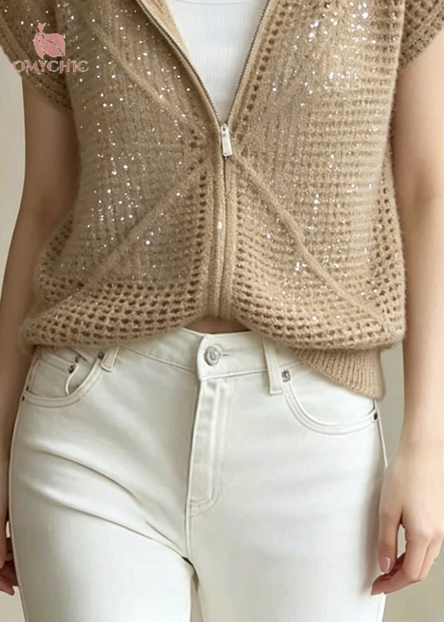 Handmade Khaki Sequins Hollow Out Knit Jacket Summer