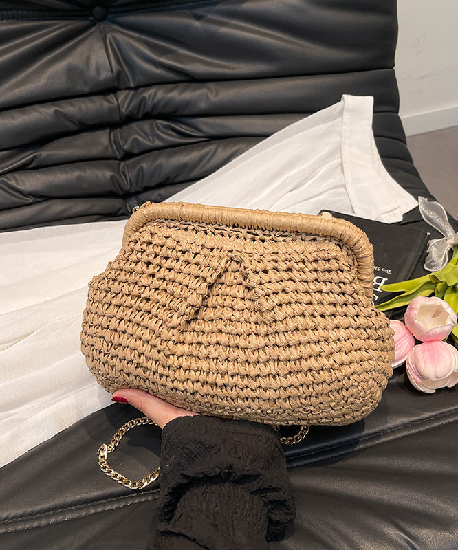 Handmade Khaki Straw Woven Chain Linked Flap Bag