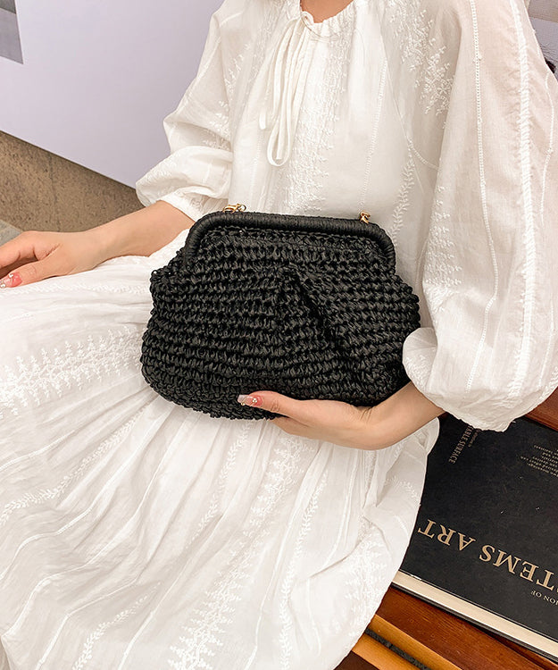 Handmade Khaki Straw Woven Chain Linked Flap Bag
