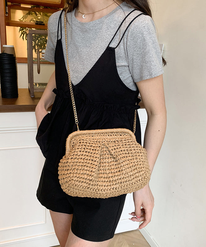 Handmade Khaki Straw Woven Chain Linked Flap Bag
