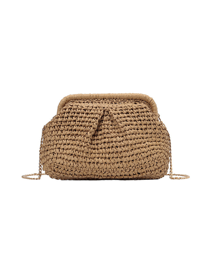 Handmade Khaki Straw Woven Chain Linked Flap Bag