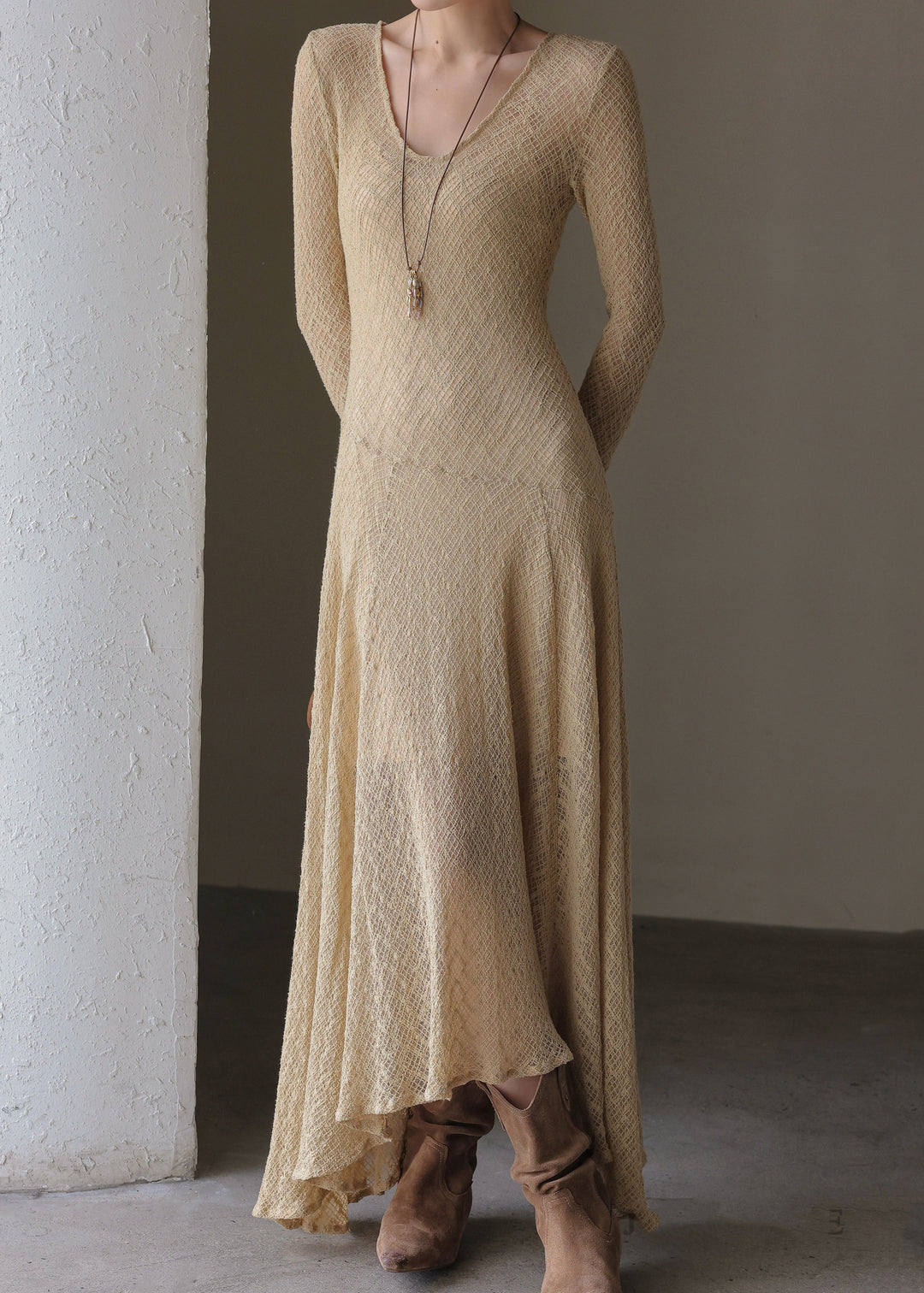 Handmade Khaki U Neck Solid Maxi Dress Spring
