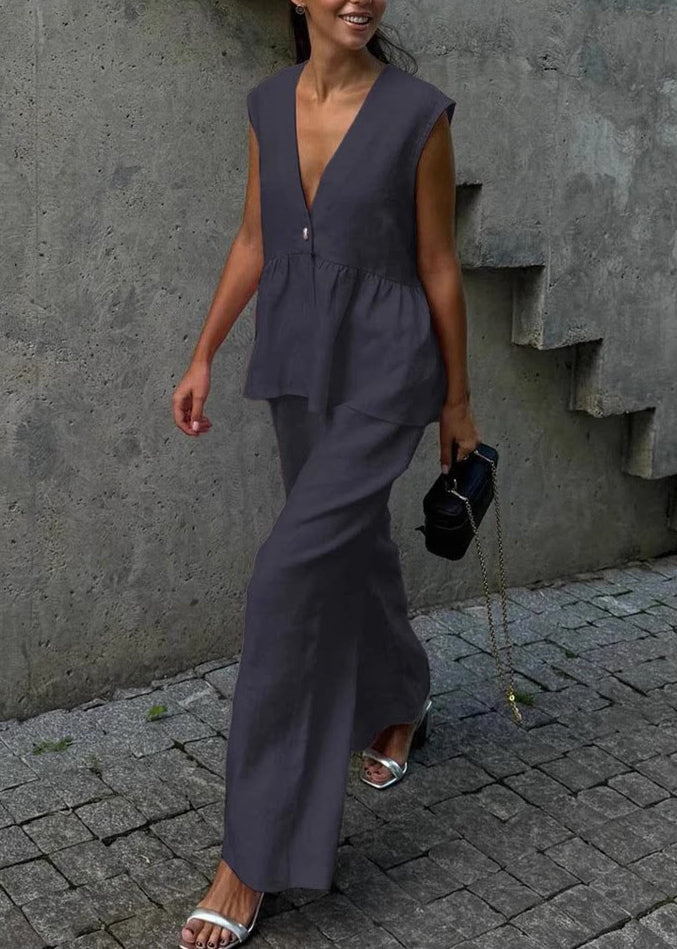 Handmade Khaki V Neck Patchwork Waistcoat And Wide Leg Pants Two-Piece Set Sleeveless
