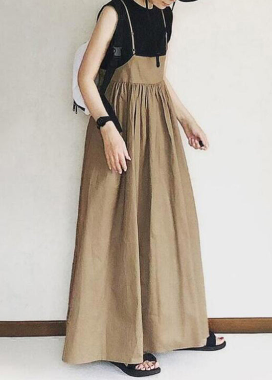 Handmade Khaki Wrinkled Patchwork Long Spaghetti Strap Dress Sleeveless