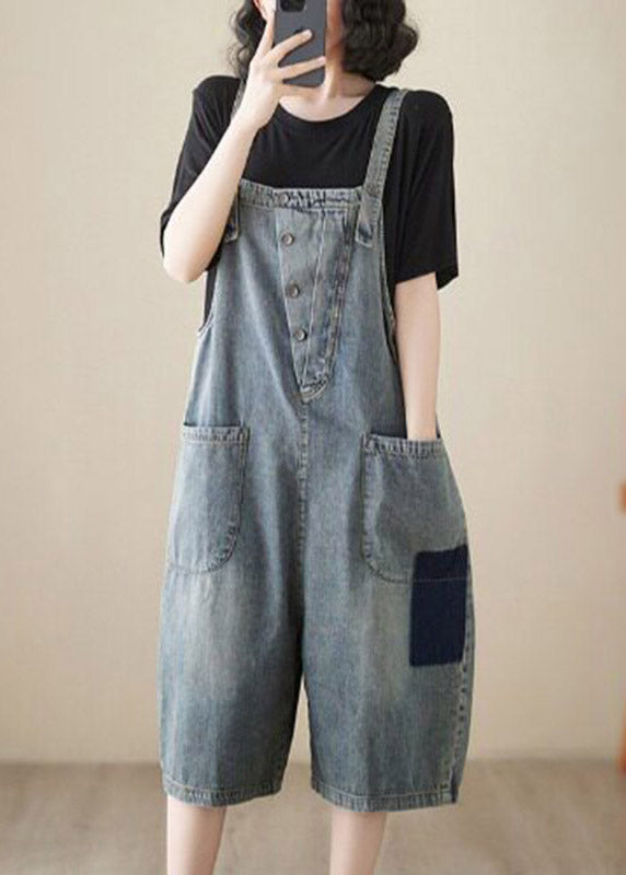 Handmade Light Blue High Waist Denim Jumpsuit Sleeveless