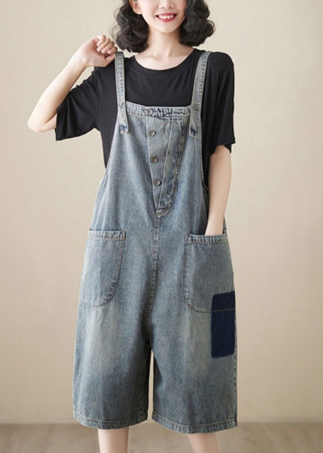 Handmade Light Blue High Waist Denim Jumpsuit Sleeveless