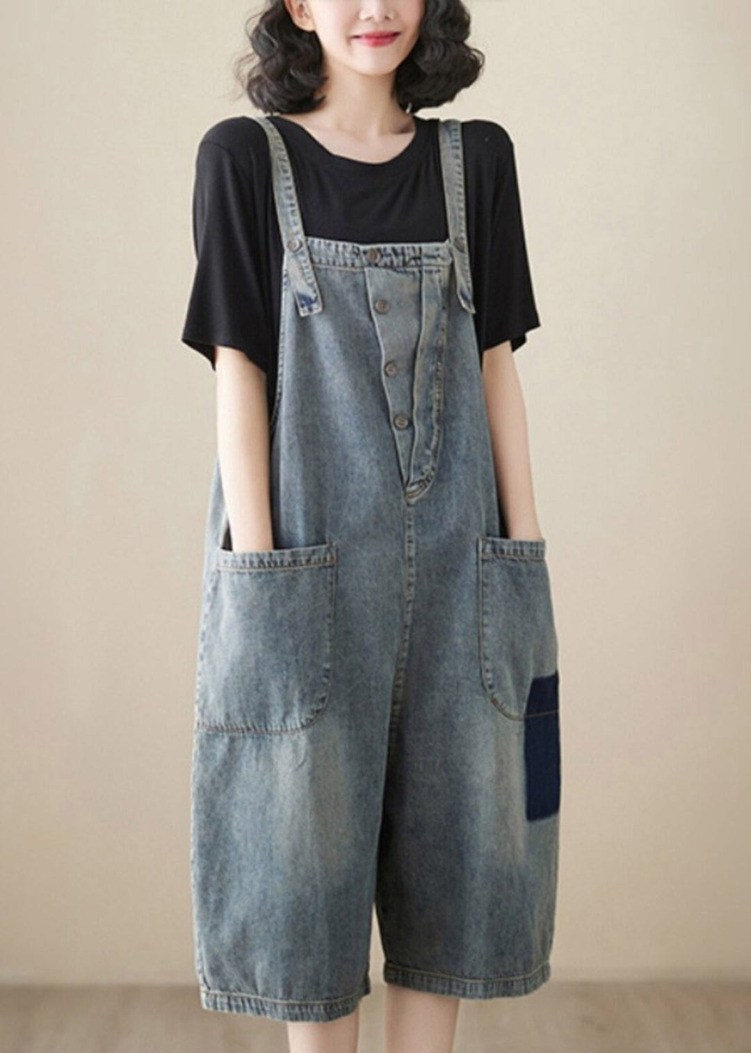 Handmade Light Blue High Waist Denim Jumpsuit Sleeveless