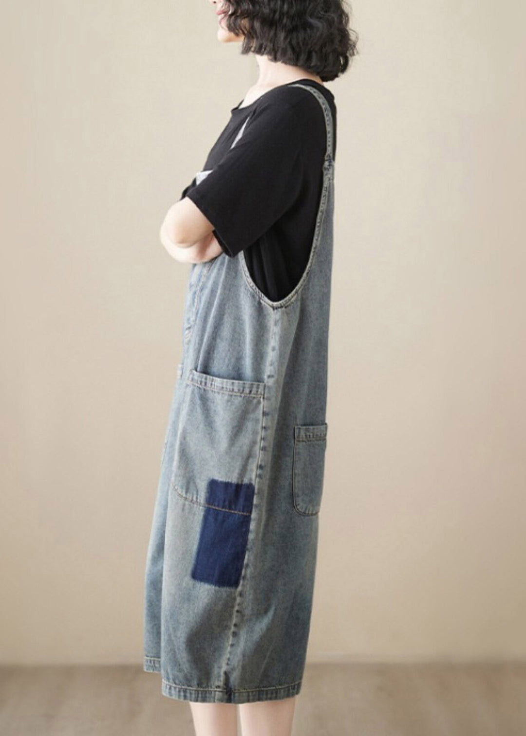 Handmade Light Blue High Waist Denim Jumpsuit Sleeveless