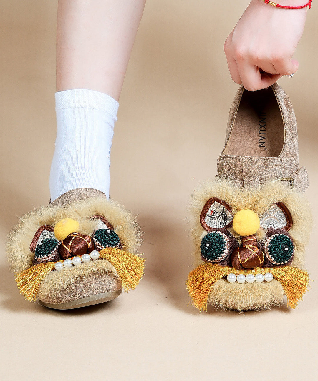 Handmade Light Brown Flat Shoes Suede Embroidered