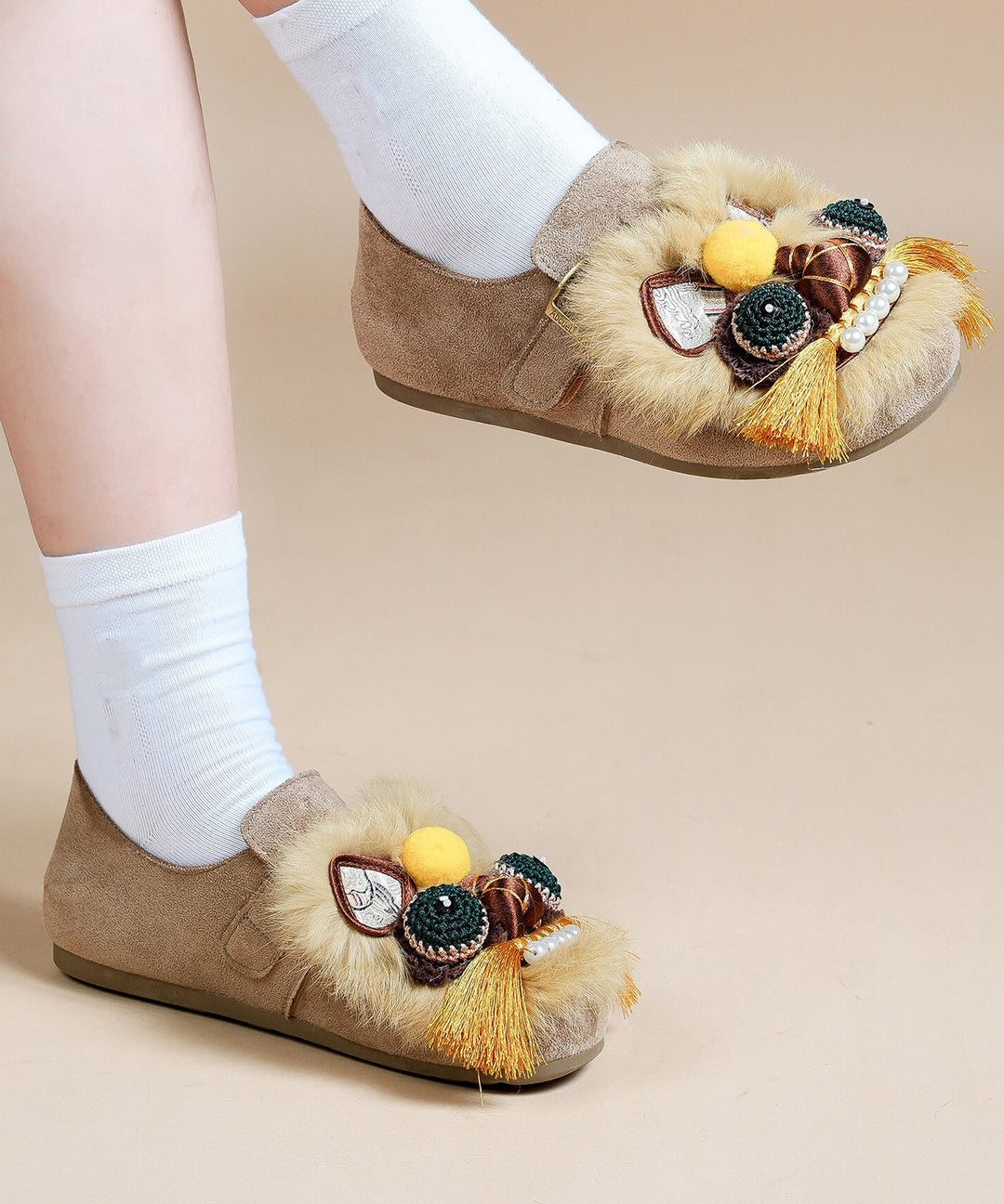 Handmade Light Brown Flat Shoes Suede Embroidered