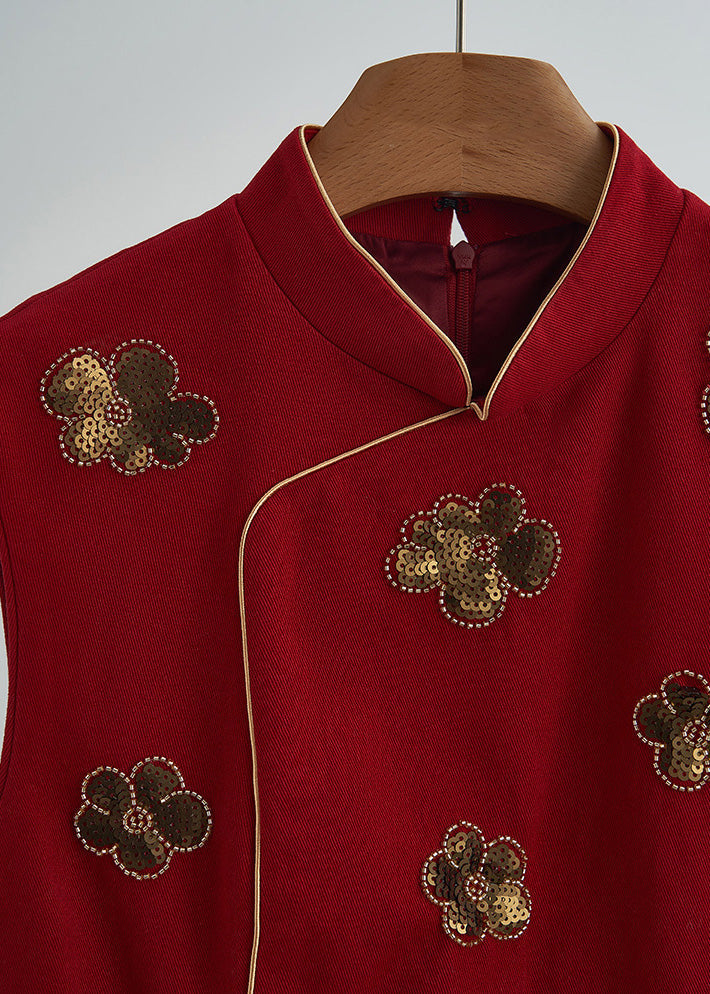 Handmade Mulberry Mandarin Collar Sequins Flower Cotton Vests Fall