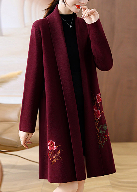 Handmade Mulberry V Neck Print Woolen Long Coat Fall