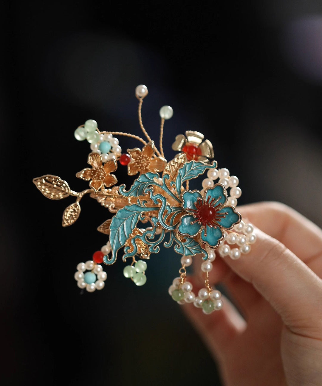 Handmade Multicolor Alloy Enameling Floral Pearl Tassel Hairpin