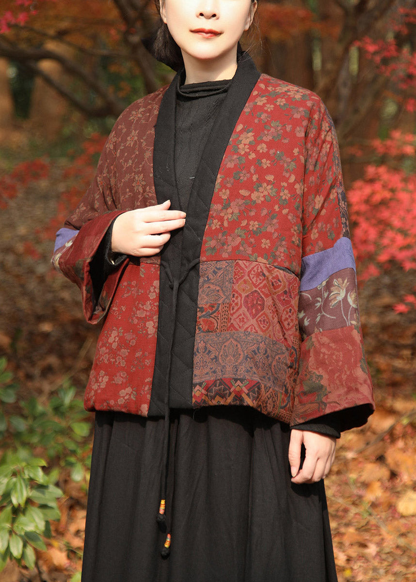 Handmade Multicolor V Neck Print Tie Waist Parka Coats Winter