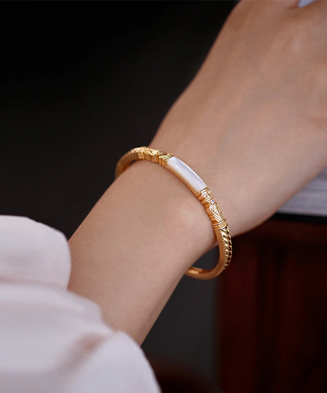 Handmade Natural Mother Of Pearl Snap Closure 14K Gold Bangle