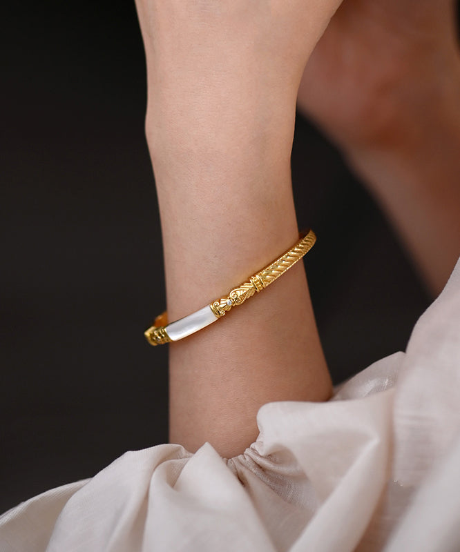 Handmade Natural Mother Of Pearl Snap Closure 14K Gold Bangle