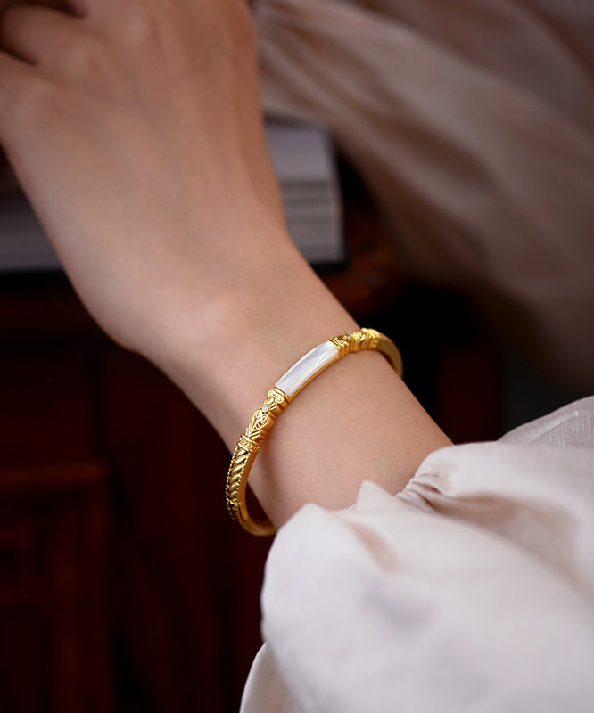 Handmade Natural Mother Of Pearl Snap Closure 14K Gold Bangle