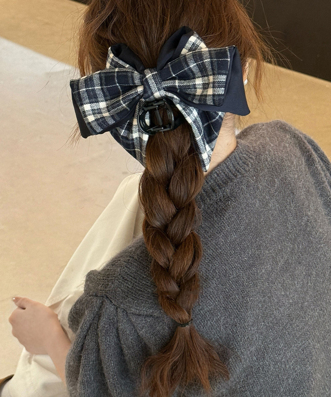 Handmade Navy Blue Plaid Alloy Bow Hairpin