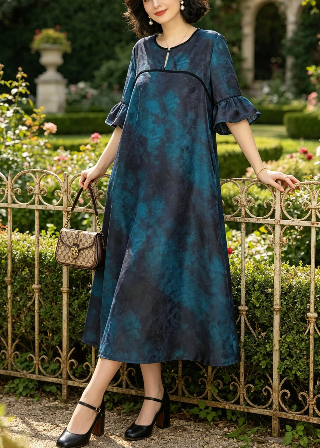 Handmade Navy Ruffled Patchwork Maxi Dresses Short Sleeve