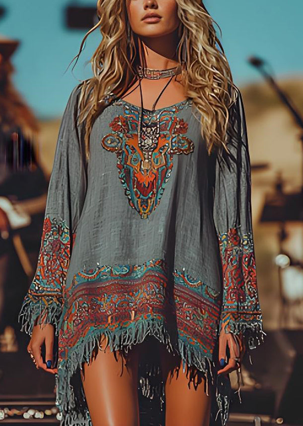 Handmade O Neck Tassel Print Cotton Mid Dresses Spring