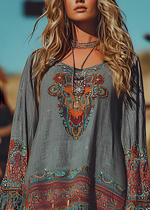 Handmade O Neck Tassel Print Cotton Mid Dresses Spring