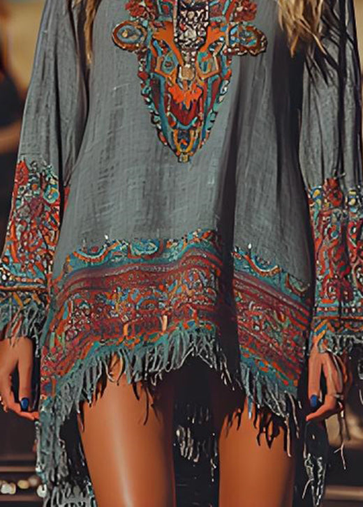 Handmade O Neck Tassel Print Cotton Mid Dresses Spring