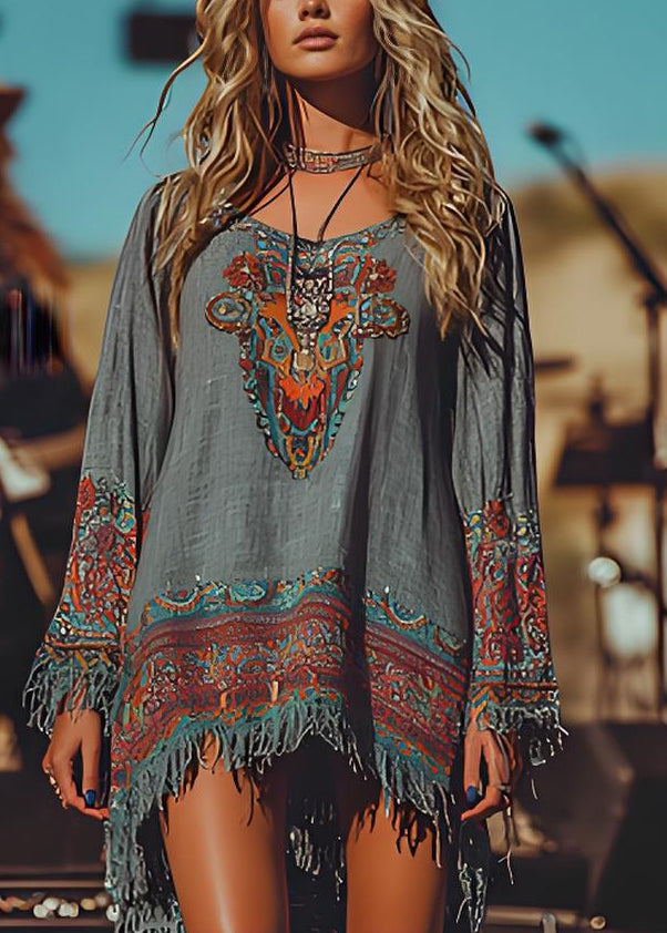 Handmade O Neck Tassel Print Cotton Mid Dresses Spring