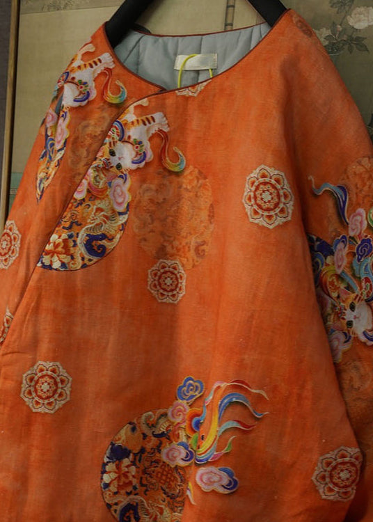 Handmade Orange O Neck Print Thick Fine Cotton Filled Top Winter