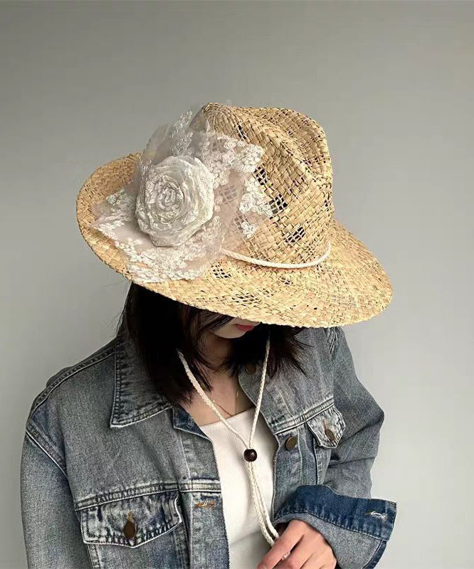Handmade Original Lace Flower Hollow Out Straw Woven Cowboy Hat