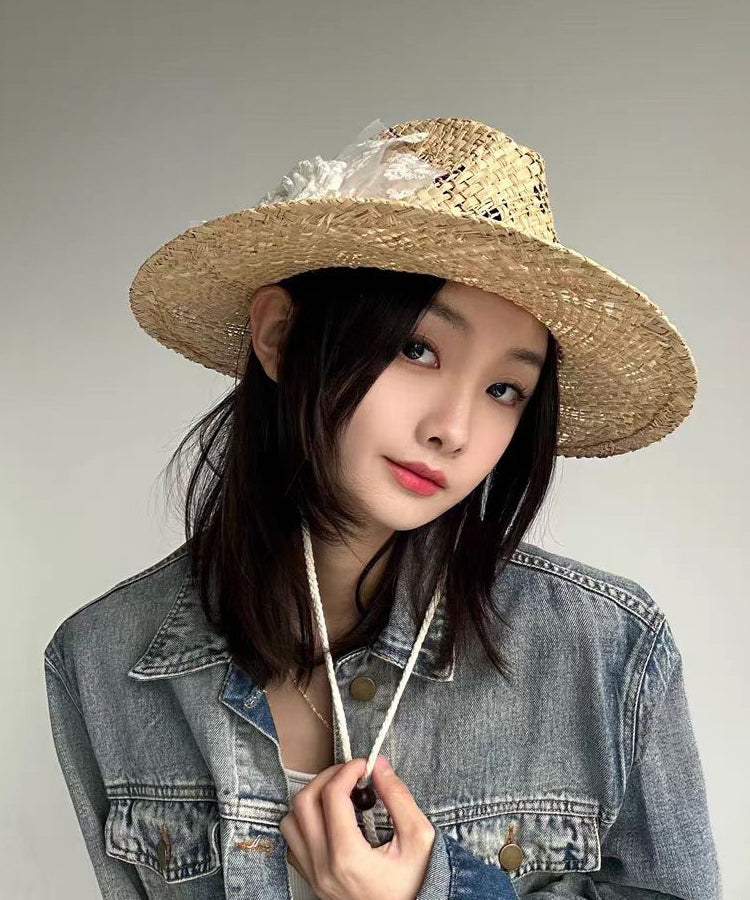 Handmade Original Lace Flower Hollow Out Straw Woven Cowboy Hat