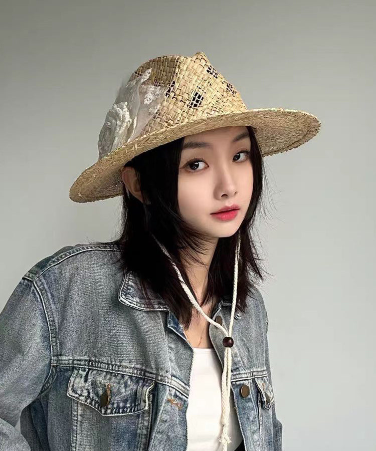 Handmade Original Lace Flower Hollow Out Straw Woven Cowboy Hat