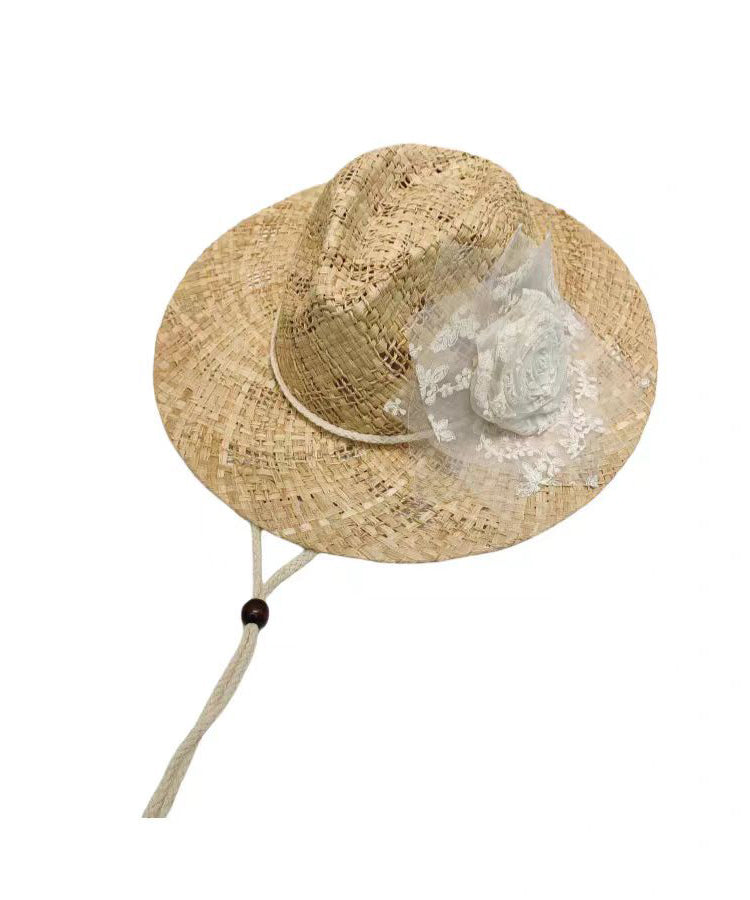 Handmade Original Lace Flower Hollow Out Straw Woven Cowboy Hat