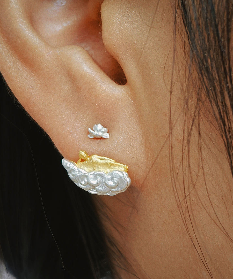 Handmade Original Tiankai Sleeping Buddha Silver Stud Earrings - Omychic