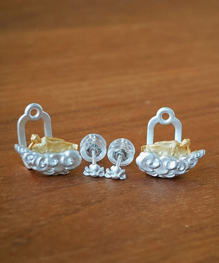 Handmade Original Tiankai Sleeping Buddha Silver Stud Earrings - Omychic