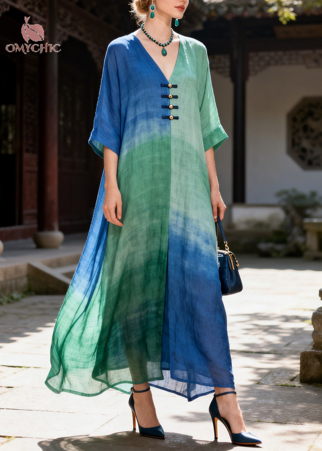Handmade Oversized Tie Dye Chinese Button Cotton Robe Dresses Summer
