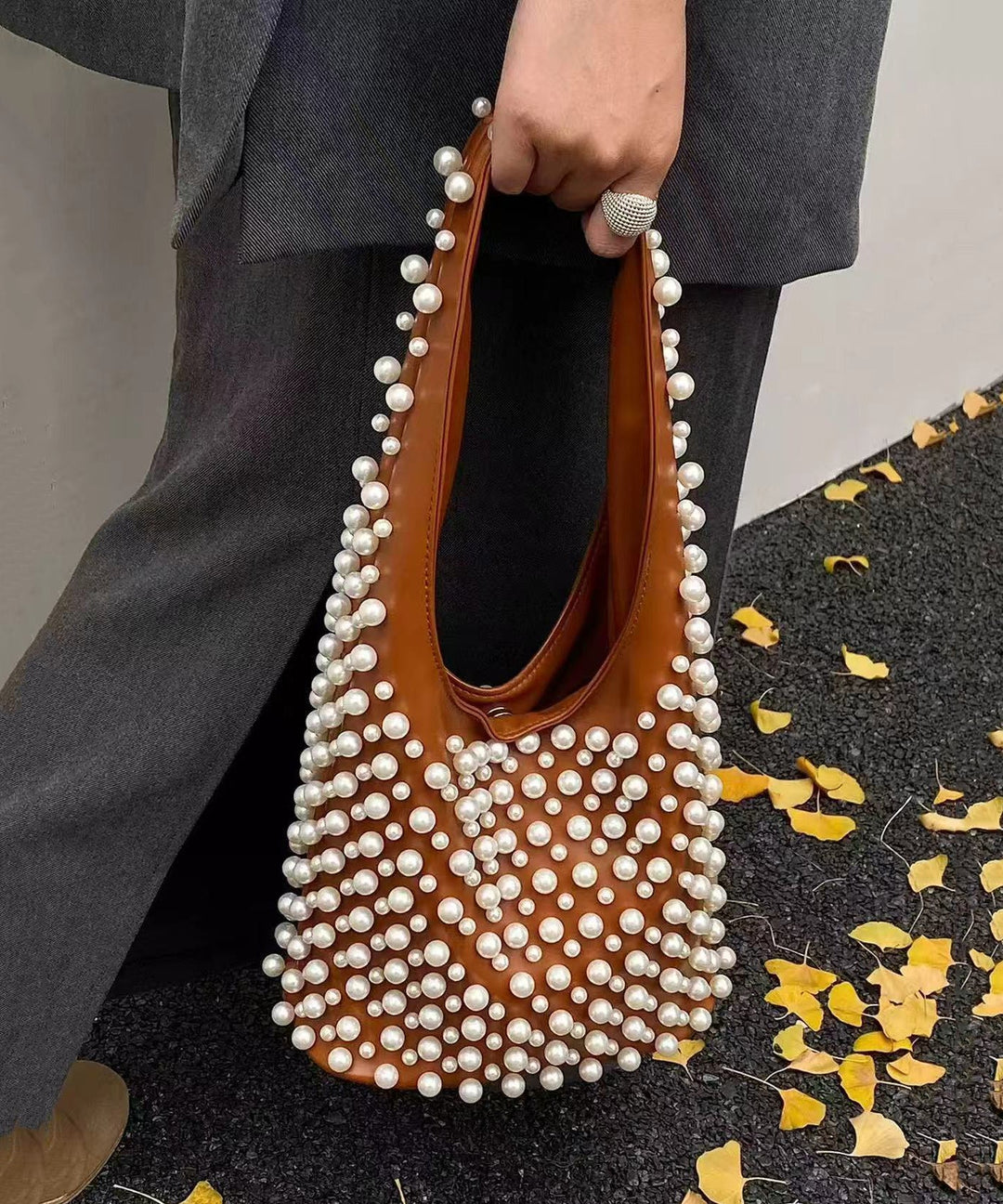 Handmade Pearl Large Capacity Faux Leather Satchel Handbag