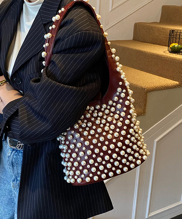Handmade Pearl Large Capacity Faux Leather Satchel Handbag