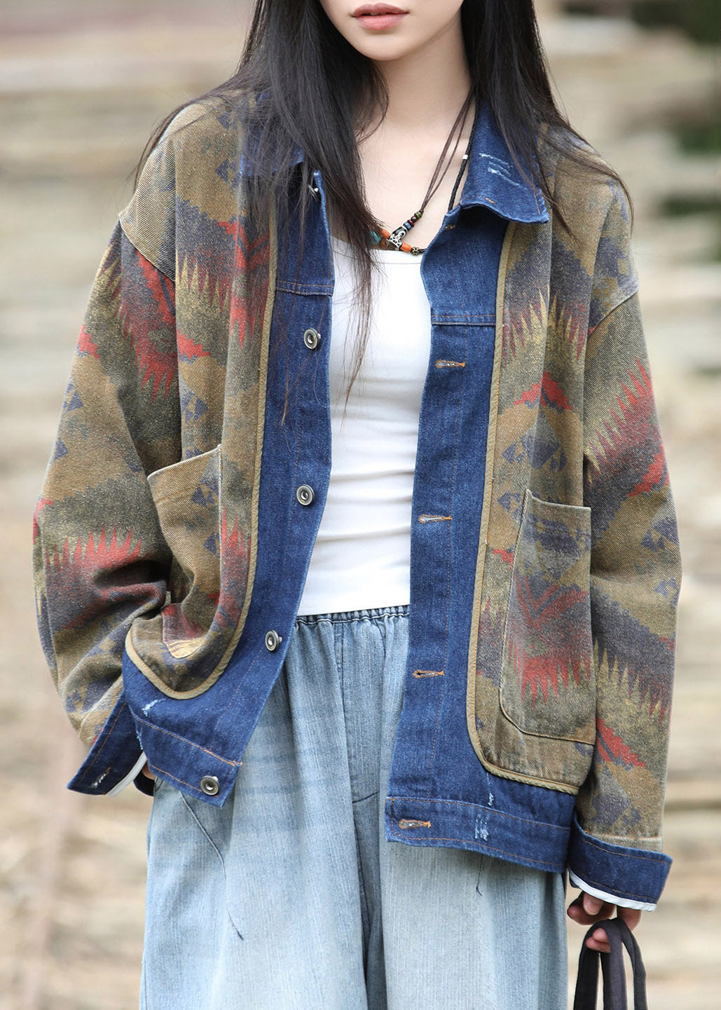 Handmade Peter Pan Collar Print Denim Patchwork Fake Two-Piece Coats Fall